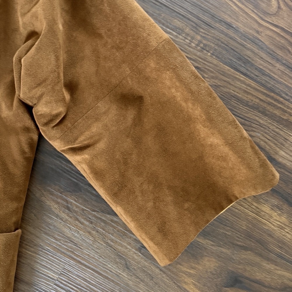 VTG 70s Suede Leather Mod Trench Coat Womens 2X-3X Brown Minimalist Patch Pocket - Picture 5 of 9